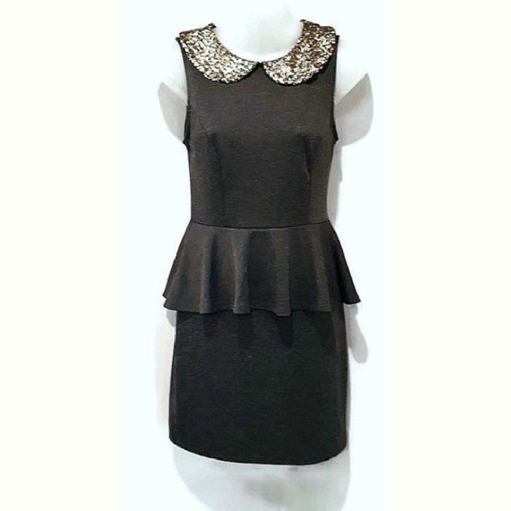 Monteau Peplum Mini Dress Sequin Peter Pan Collar Ruffled Cocktail Party